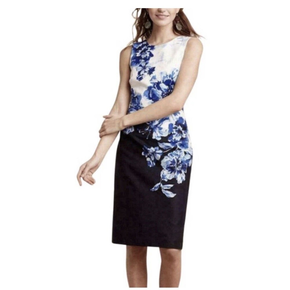 Maeve Blue White Floral Scoop Neck Sleeveless Sheath Midi Dress Women's Size 6